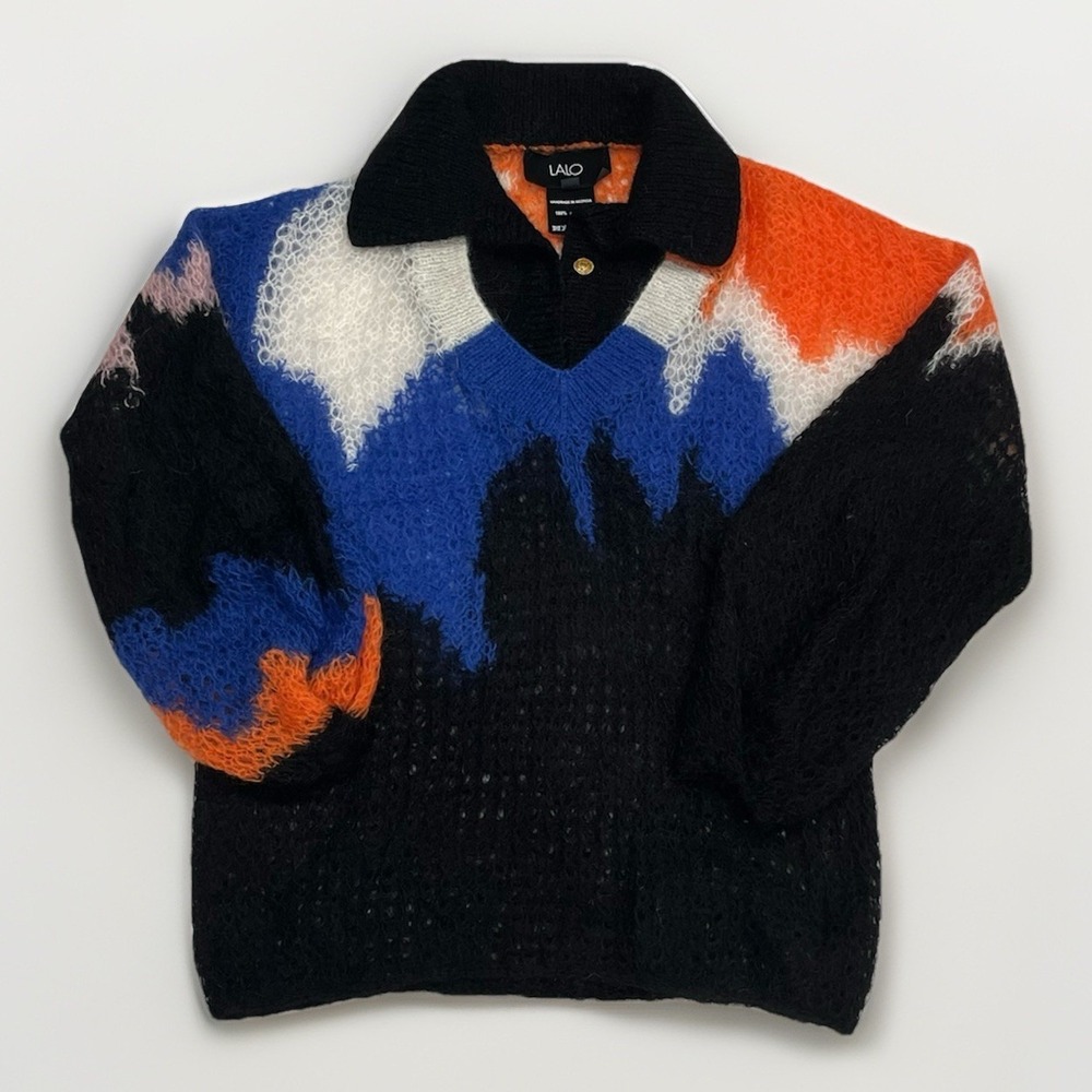 LALO 100% Mohair Loose Knit Women's Sweater Colorful Abstract Designer Sz Small